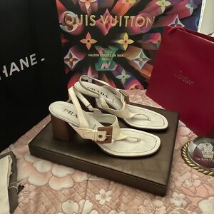 Vintage Prada white patent leather sandals w wood buckle